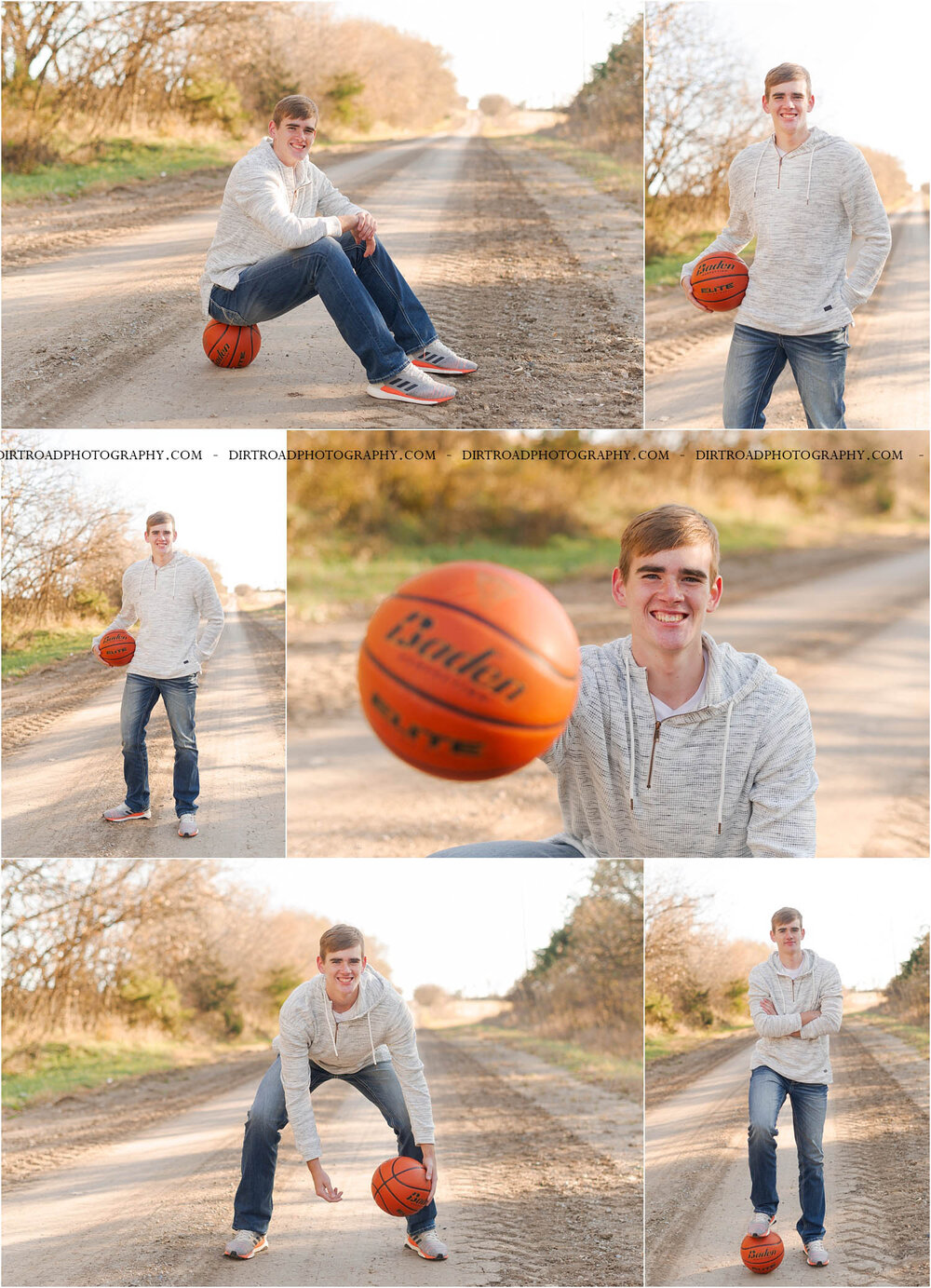 images of high school senior boy named kaleb of palmyra, nebraska. he attends palmyra high school and is part of the class of 2020. photos of teen in bale feeder on farm, round tall hay bales, fall leaves, dirt road with basketball in hand at sunset in nebraska. boy is dressed in cream zip up, green striped shirt with hood and blue jeans. senior is also standing by grain bin and in front of red barn as well as sitting on iron fence with cattle in the background of the feedlot. photographer is kelsey homolka nerud of wilber nebraska who specializes in high school senior photography and senior pictures.