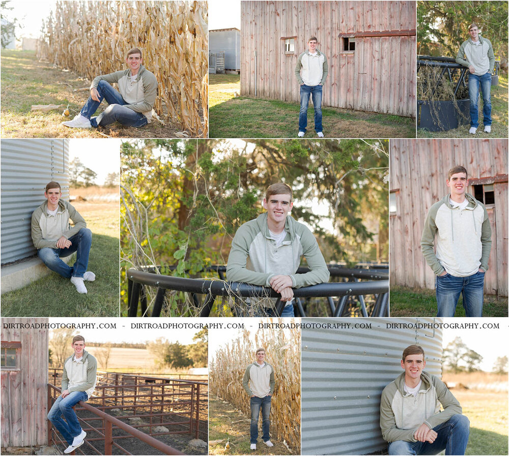 images of high school senior boy named kaleb of palmyra, nebraska. he attends palmyra high school and is part of the class of 2020. photos of teen in bale feeder on farm, round tall hay bales, fall leaves, dirt road with basketball in hand at sunset in nebraska. boy is dressed in cream zip up, green striped shirt with hood and blue jeans. senior is also standing by grain bin and in front of red barn as well as sitting on iron fence with cattle in the background of the feedlot. photographer is kelsey homolka nerud of wilber nebraska who specializes in high school senior photography and senior pictures.