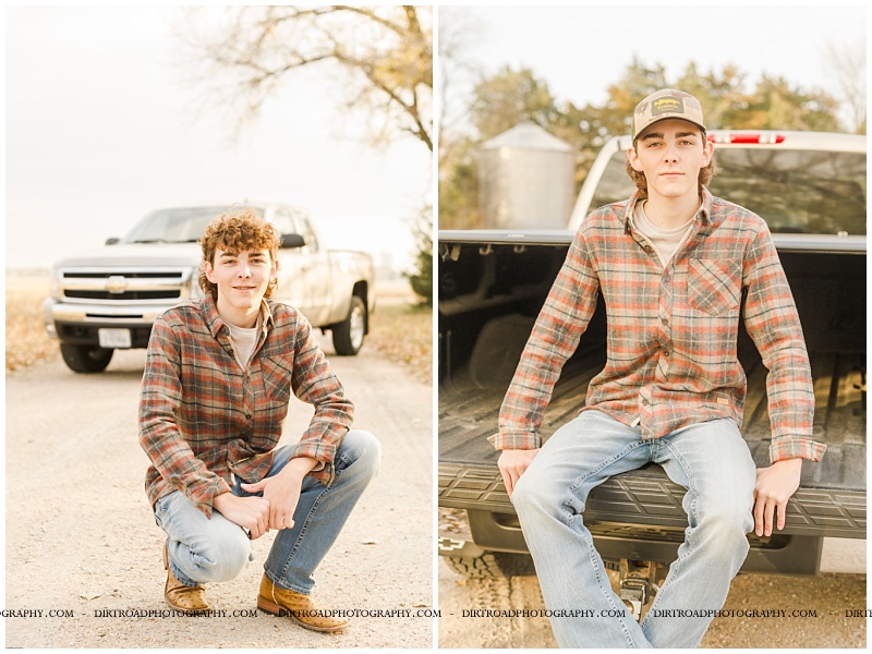 senior picture of beatrice high school boy with chevy truck in background standing on a gravel road in late fall. picture is of senior boy sitting on tailgate of truck with a hat and plaid shirt with jeans. beatrice nebraska high school senior. nebraska senior photographer located near lincoln, nebraska.