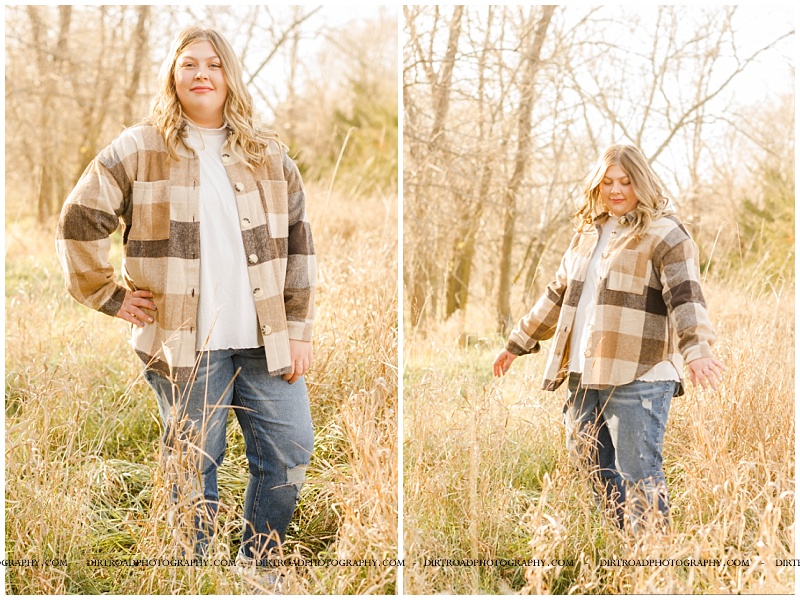 senior picture of a girl standing in a field of tall grass in late fall. senior girl is wearing plaid shirt with jeans and has long blond hair that is curled and down. girl goes to beatrice high school and picture is taken at sunset. nebraska senior photographer located near lincoln, nebraska.
