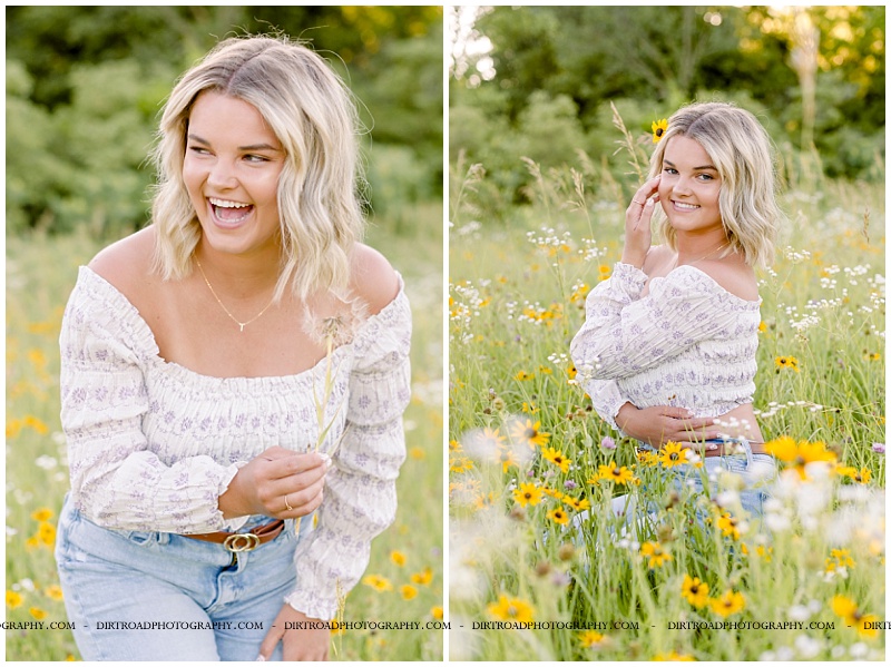 senior picture of girl in flowers. picture of girl sitting in yellow flowers with tall grass wearing crop top and jeans. girl has short blond hair. hebron nebraska senior pics. thayer-central high school. wilber-clatonia high school. senior picture of girl walking down brick alley wearing felt hat and flare jeans with graphic tee. boho senior picture style. nebraska senior photographer located near lincoln, nebraska.