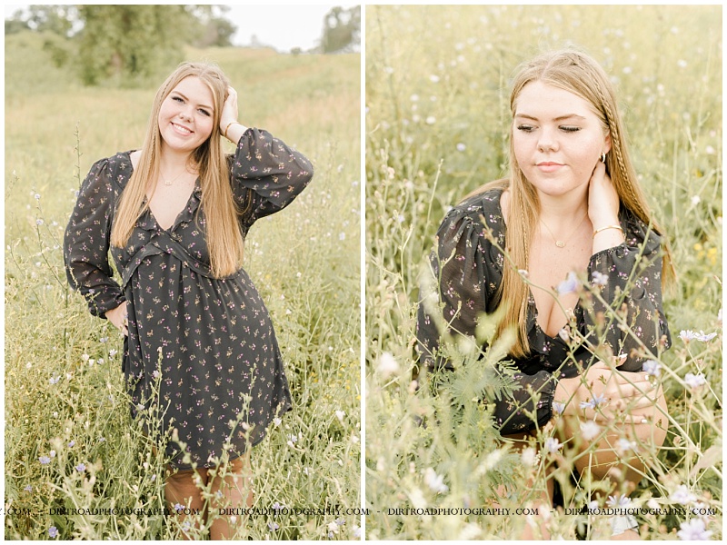 senior pictures of bella taken standing in nature with tall grass and trees at sunset. senior girl is wearing american eagle denim shorts and floral tank top with long blond hair in two mini braids. Bella took senior pictures in the late summer in southeast nebraska. pictures taken by dirt road photography, hastings nebraska best senior photographer.