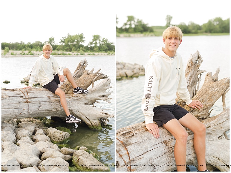 Senior pictures of Maddux at Conestoga Lake near Lincoln, Nebraska. Boy senior pictures at a lake with a fishing pole on a dock.