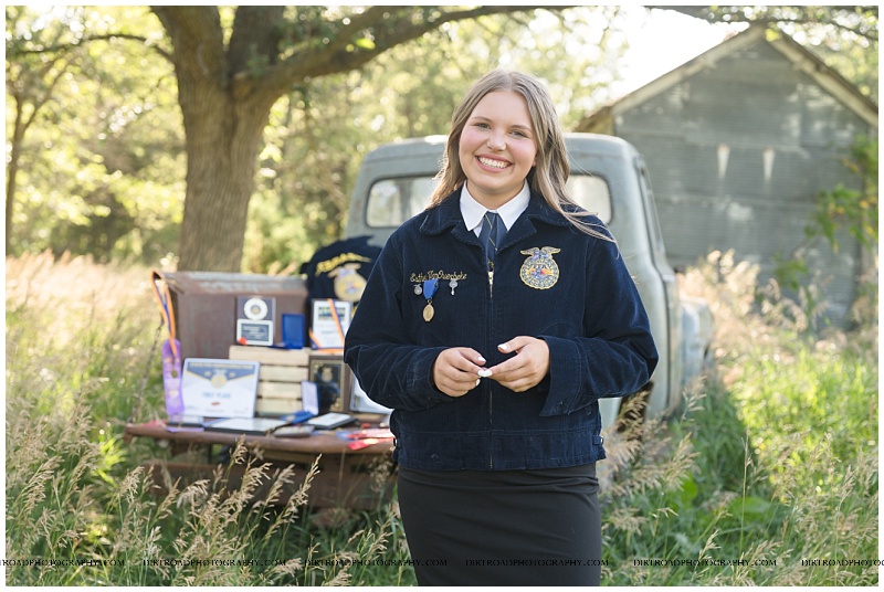 Nebraska senior session featuring Waverly High School senior Esther VanOverbeke with her FFA jacket and accomplishments.